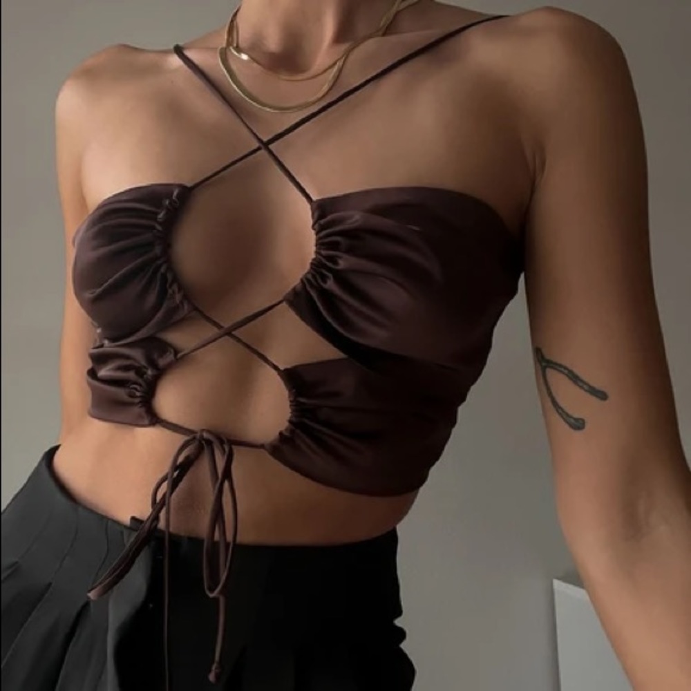 Cotton Candy LA Satin Strappy Tie Top - Brown